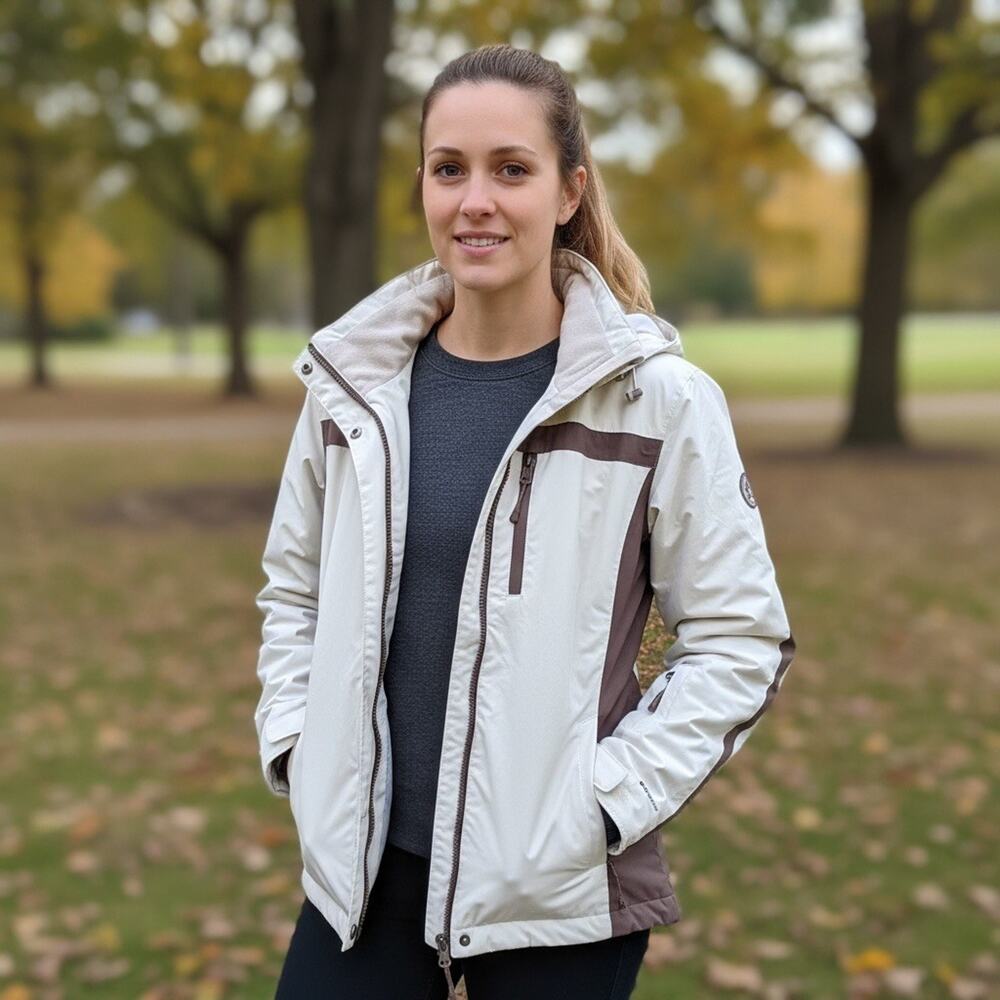 Columbia Women's Jacket Omni-Shield Waterproof Hooded Cream Brown Medium